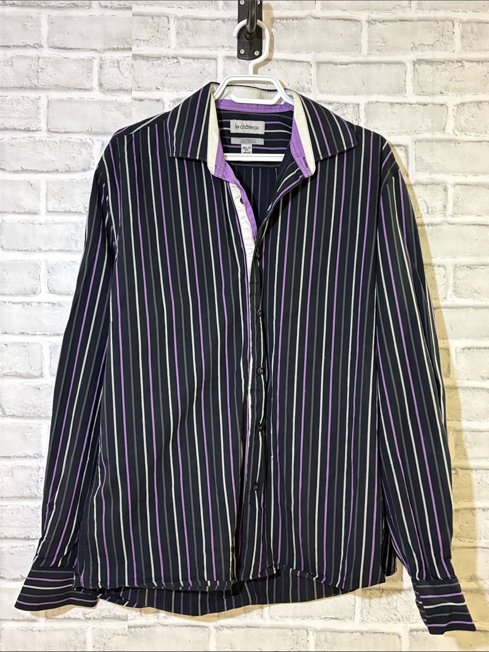 le chateau Black Dress Shirt with Purple and White Pinstripes, 16.5-17 neck LG